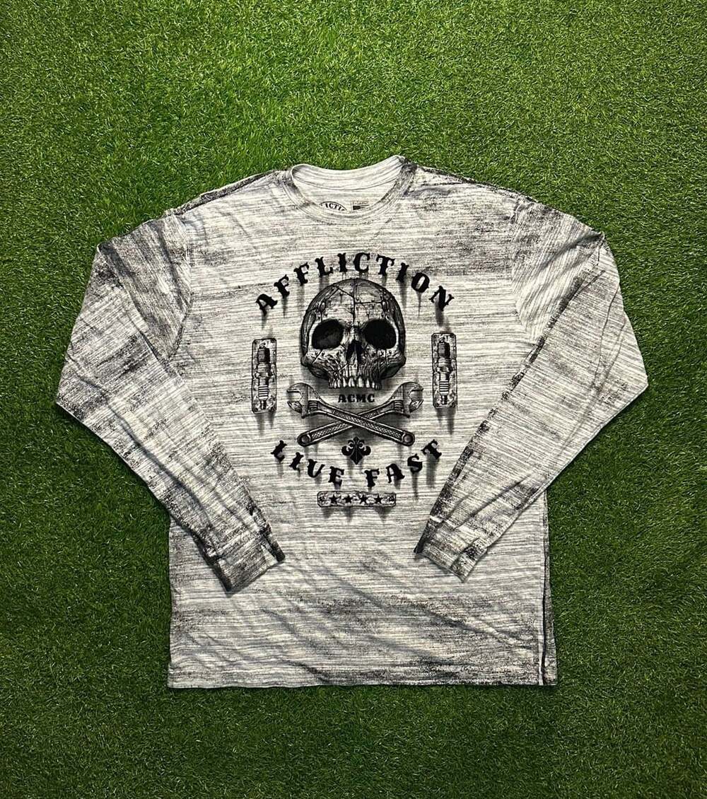Y2K 2000s Affliction Live Fast Skull Wrench Long Sleeve Size X-Large